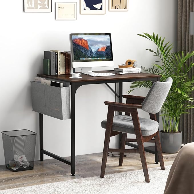 Tangkula 32” Computer Desk with Charging Station Modern Simple Study Writing Desk with Storage Bag Headphone Hook Sturdy Metal Frame Home Office Workstation