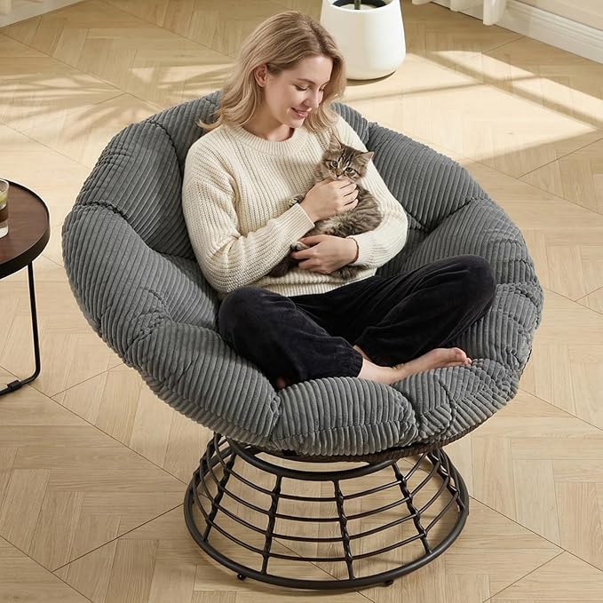 36” Papasan Chair with Cushion and Frame Oversized Papasan Chairs 360° Swivel Olefin Adjustable Feet Suitable for Living Room Patio Bedroom Indoor/Outdoor (Grey+Corduroy)