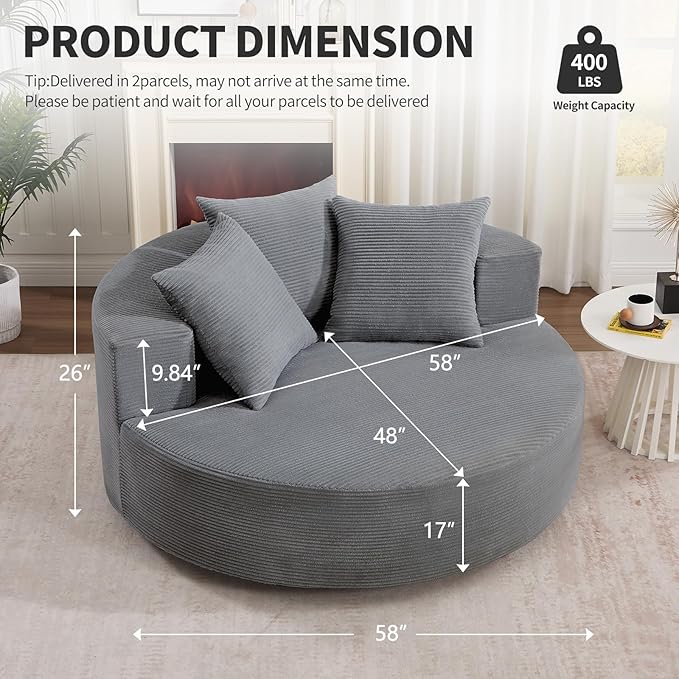 CANMOV Oversized Round Swivel Chaise Longue Chair Indoor Upholstered Corduroy Deep Seat Cloud Large Circle Sofa Chair Modern Single Cloud Sofa Bed for Living Room Bedroom Apartment Office Dark Gary