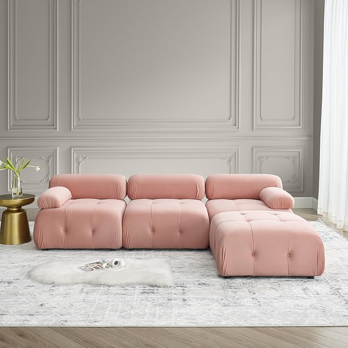 Bellemave L-Shape Sofa Couch Modular Sectional Sofa with Reversible Ottoman Velvet Upholstered Free Comnination Couch with Button Tufted Design Modern Oversized Couch for Living Room (Pink)