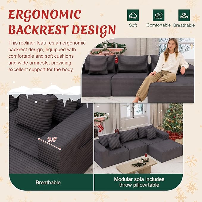 Modular Cloud Couch Sectional Deep Seat No-Bone Corduroy Sofa with Ottoman Oversized Comfy Modular Sofa for Living Room Bedroom Apartment No Assembly Flexible Layout (Gray 108 Inch-L)