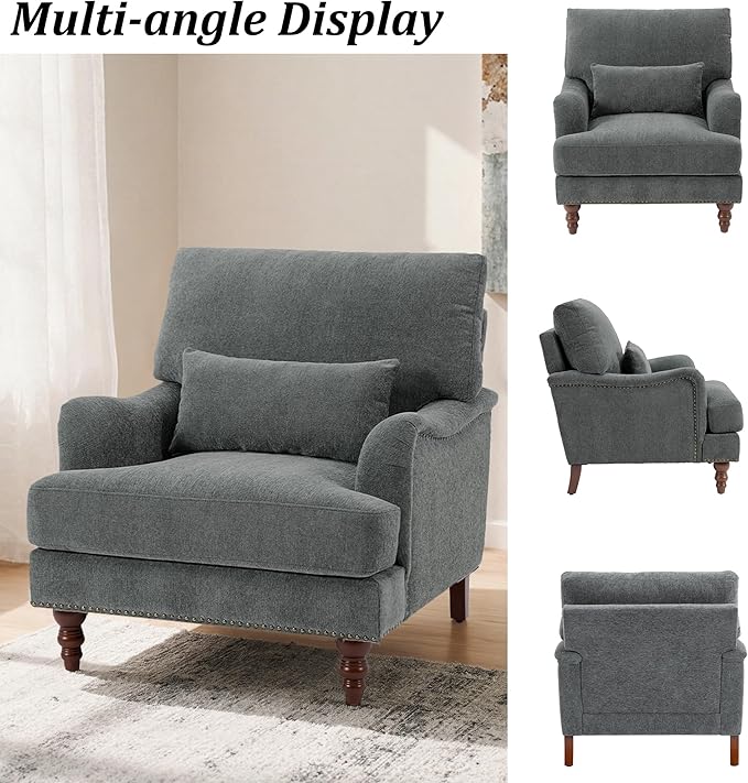 Mid-Century Modern Accent Chair Upholstered Chenille Arm Chair with Wood Frame &amp Pillow for Living Room Bedroom Comfy High-Resilient Sponge Reading Lounge Sofa Chair for Small Spaces