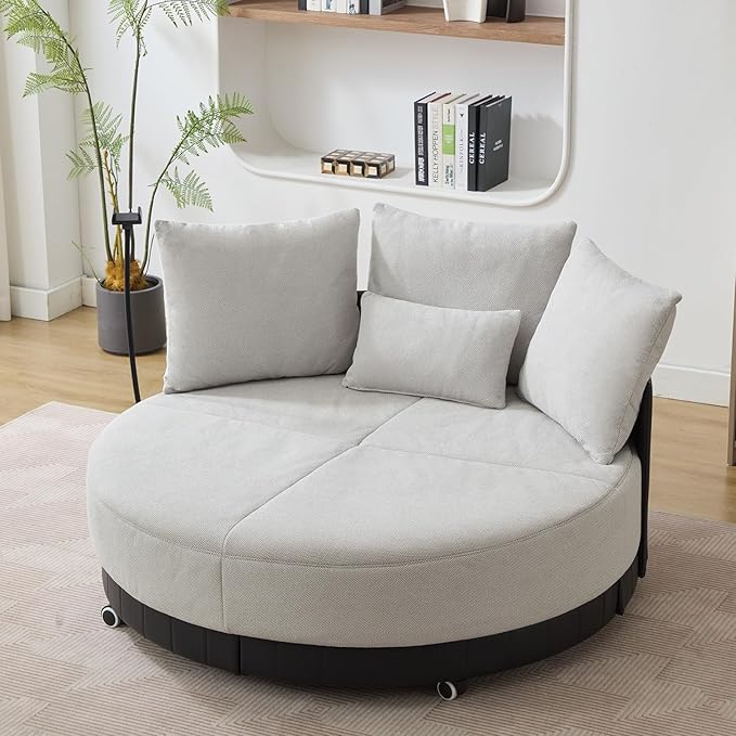 51W Oversized Swivel Accent ChairPolyester Upholstered Extra Large Swivel Barrel ChairRound Chair with WheelsRotating Phone Holderand 4 PillowsLounge Arm Chair for Living RoomBedroom(Grey)