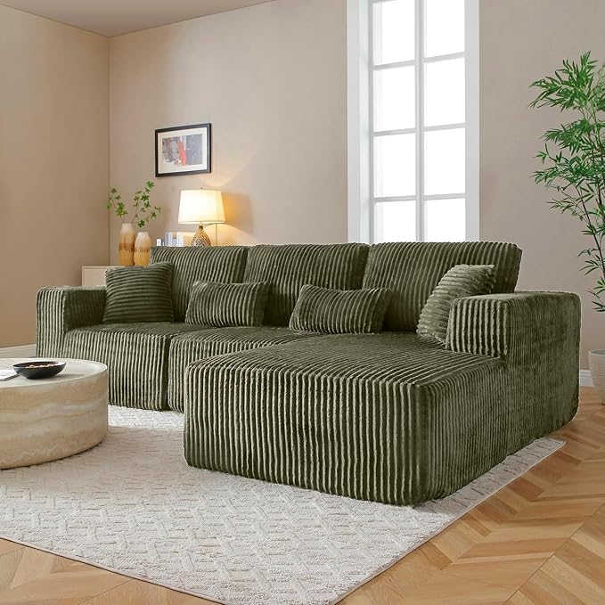 110 Cloud Couch Sectional L Shaped Boneless Couch Sectional Couches for Living Room Modern Comfy Corduroy Fluffy Modular Sofa with Deep Seat No Assembly (Green Right Facing Chaise)