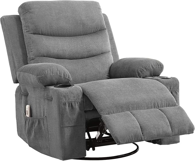 Large Recliner Chair with Massage and Heat 360 Swivel Glider with Cup Holder 8 Vibrating Massage Nodes with 5 Modes Dual Cup Holders &amp Side Pockets Single Sofa Chairs for Living Room Grey