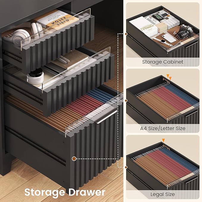 SEDETA 55.1 Fluted Office Desk with 6 Drawers Modern Executive Desk with Acrylic File Drawers Computer Desk with Power outlets for Home Office and Study (Black)