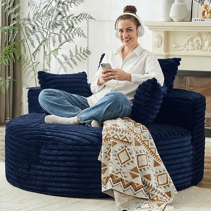 55 L Corduroy Sponge Single Sofa Oversized Round Chair Fluffy Modern Sleeper Chairs for Living Room Lounge and Projection Room Wide Armrest Lounge Chairs Armchair with Pillow Blue