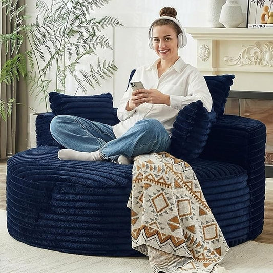 55 L Corduroy Sponge Single Sofa Oversized Round Chair Fluffy Modern Sleeper Chairs for Living Room Lounge and Projection Room Wide Armrest Lounge Chairs Armchair with Pillow Blue