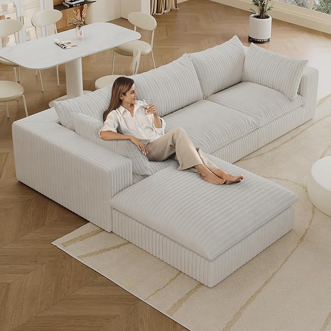 Cloud Compressed Modular Sectional Sofa 118 Oversized L-Shaped Corduroy Couch with 39 Deep Seat &amp Large Ottoman Soft Frameless Sponge Pit Sofa for Movie Room &amp Living Room | Plush Wider A