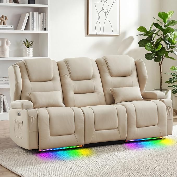 Power Loveseat Recliner SofaReclining Loveseat RV Recliners with Speaker/USB Ports/LED LightsPower Recliner Loveseat Sofa with Cup Holders for Living Room (Beige 3-Seater)
