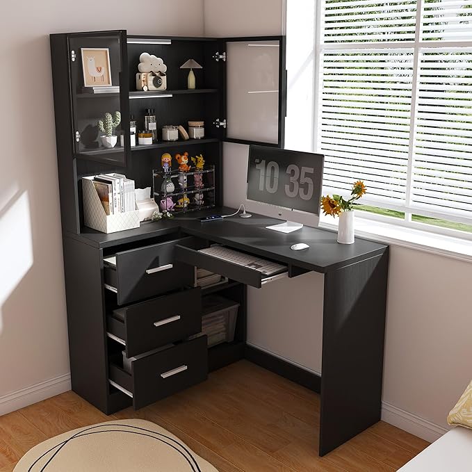 L Shaped Gaming Desk with Display Cabinet and 2 Light Bars Black Computer Desk with 3 Drawers and 2 Open Grills Home Office Desk with USB Charging Station&ampKeyboard Tray Suitable for Small Places