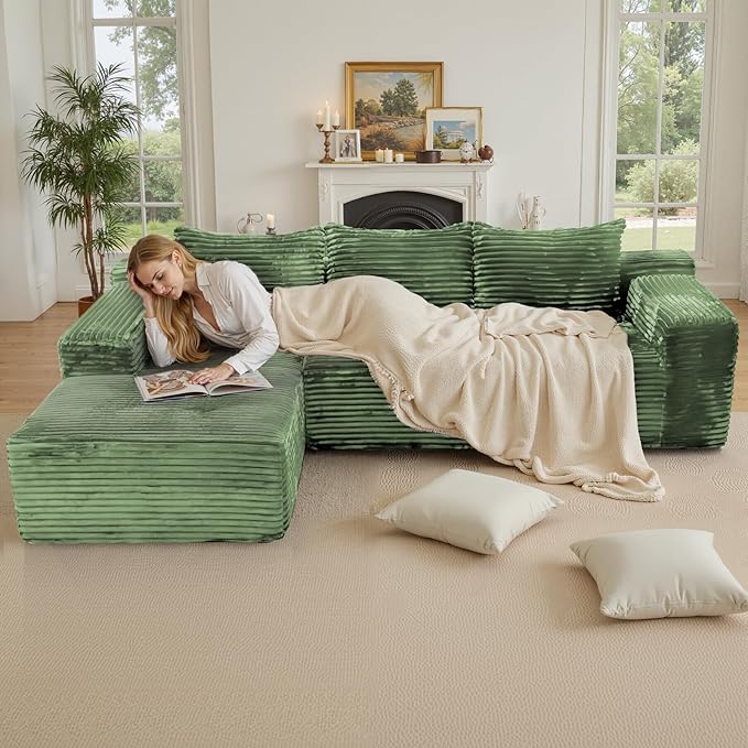 Modular Sectional Sofa Boneless Cloud Couch with Chaise Lounge 4-in-1 Flexible Combination Faux Rabbit Fur &amp Layered Cushion Deep Seat No Assembly (Green Left Facing Chaise)