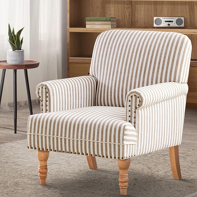 HUIMO Linen Fabric Accent Chair Mid-Century Modern Armchair with Solid Wood Legs Single Sofa ChairUpholstered Reading Club Chair (1 Brown and White Stripe)