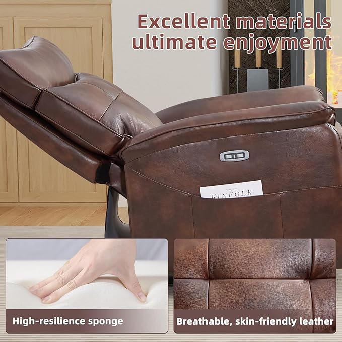 CANMOV Genuine Leather Recliner ChairPower Recliner Chair for AdultsElectric Single Reclining Sofa with Overstuffed Armrest and Backrest for Living RoomBrown