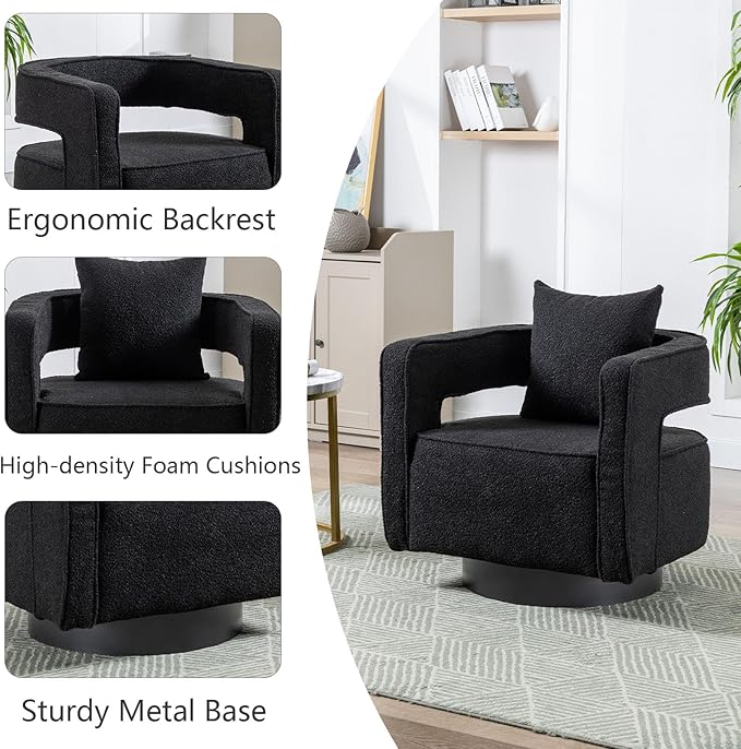Swivel Barrel Chair Modern Teddy Round Accent Chairs Curved Open Back 360 Degree Swivel Arm Chair with Pillow Single Sofa Chair for Living Room BedroomBlack