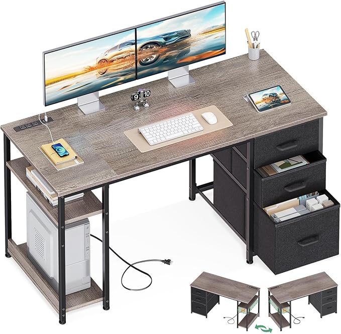 AODK 51 Inch Computer Desk with Fabric Drawers &amp USB Power Outlets - Reversible Home Office Desk with Storage Shelves Work from Home Modern Work/Writing/Study Table for Bedroom Grey Oak
