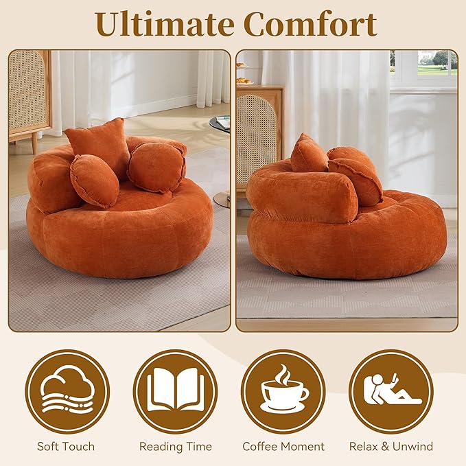 Round Oversized Chair Floor Sofa Chair Chenille Compressed Circle Chaise Lounge No Assembly Boneless Barrel Chair Lazy Bean Bag Couch Accent Chair for Living Room Bedroom DormOrange