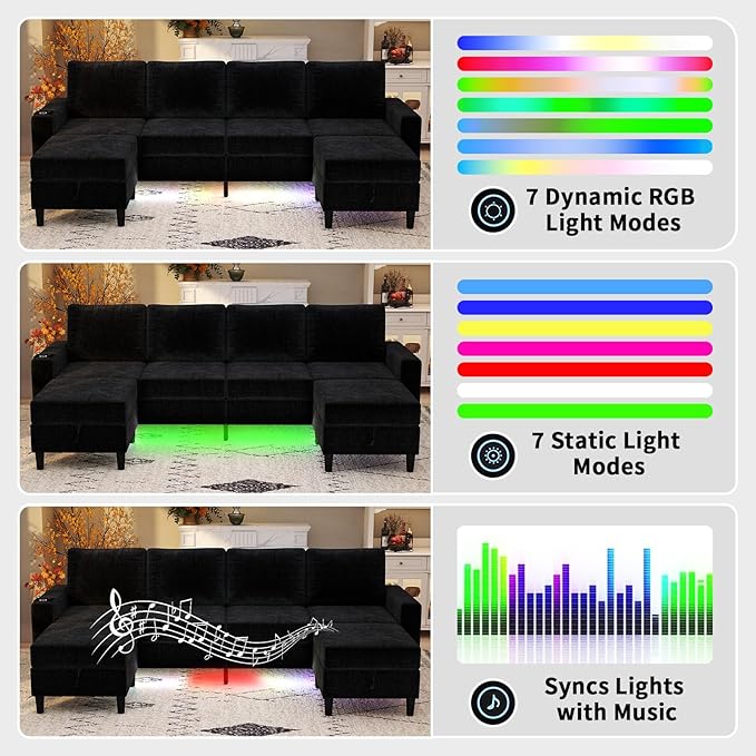 Sectional Couches for Living Room 6 Seat Chenille Sectional Sofa with Smart Module-Wireless Charging/USB/Type-C/RGB Light U Shaped Couch with 2 Movable Storage Ottomans (Black)