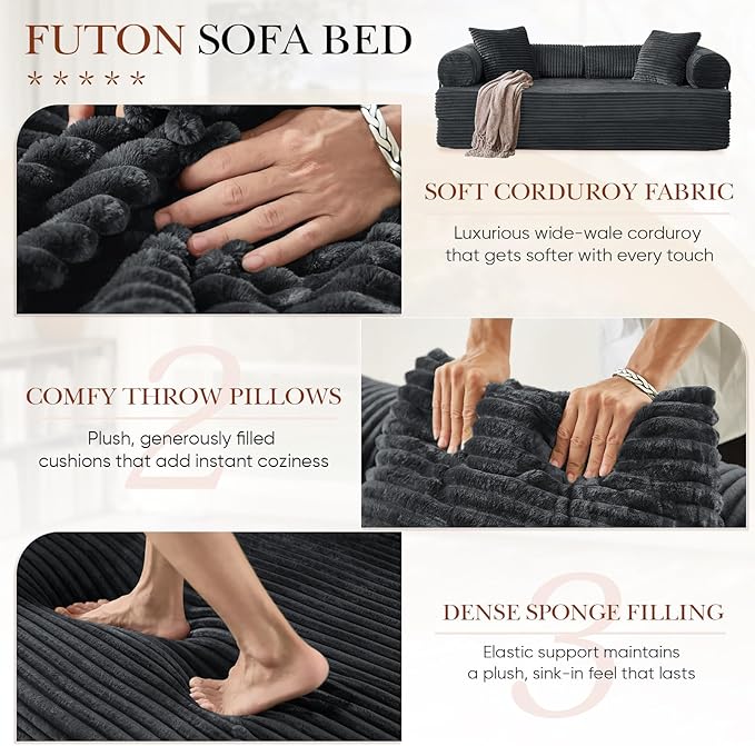 Modular Couch Bed Convertible Folding Plush Corduroy Comfy Floor Memory Foam Compression Loveseat Sleeper Sofa Couch King Size Bed for Guest Room Living Room Bedroom No Assembly Required Dark Grey