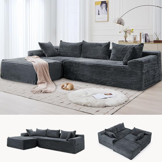 110 L-Shaped Modular Sectional Sofa with Chaise Boneless Comfy Corduroy Fluffy Couch with Deep Seat and Side Pockets Flexible Module Combination for Living Room No Assembly Side Pockets