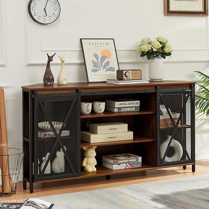 HOMISSUE Corner TV Stand for 55 Inch TV Rustic Corner Entertainment Center with Storage Industrial Media Console Table with Sliding Barn Door Tall TV Cabinets Center for Living Room Brown
