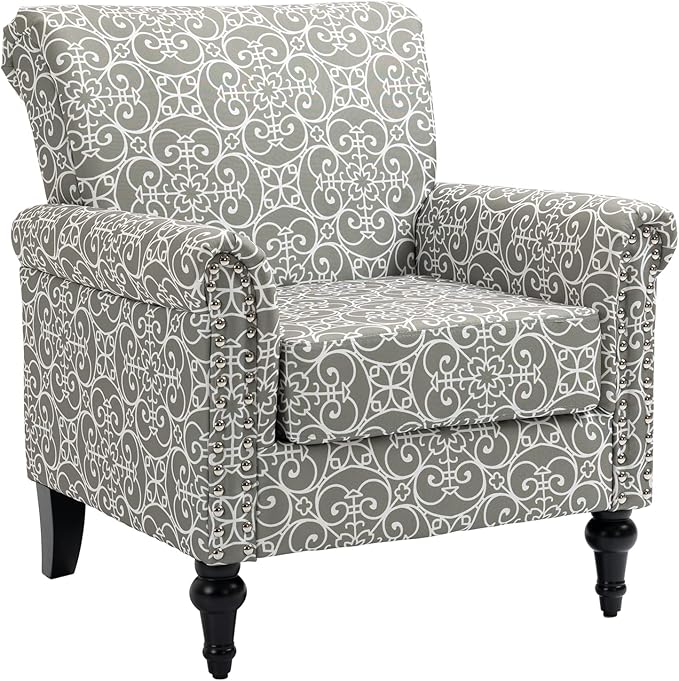 Mid Century Modern Accent Chair Linen Armchair wTufted BackWood Legs Upholstered Lounge Arm Chair Single Sofa for Living Room Bedroom Grey
