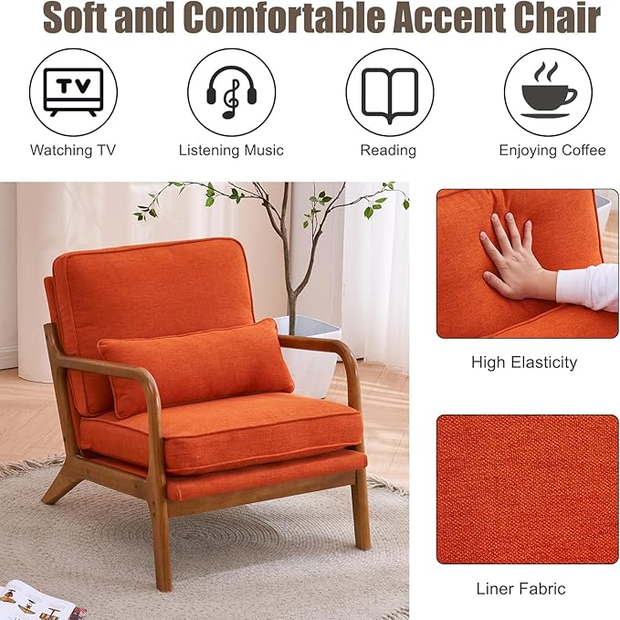 Mid Century Modern Accent Chair for Living Room Upholstered Armchair with Solid Wood Frame Comfy Reading Boho Chair for Bedroom (Orange)
