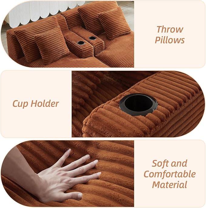 Oversized Double Chaise Lounge Chair Indoor Fluffy Upholstered Corduroy Sofa Bed with Throw Pillows Comfy Sleeper Deep Seat Sectional Loveseat Sofa Couch for Living Room (Orange)