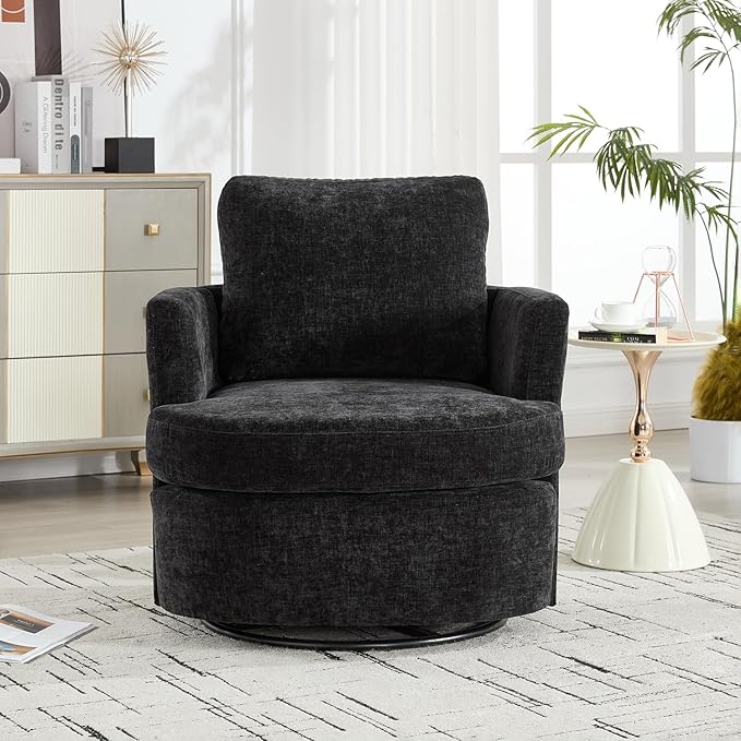 360° Swivel Accent Armchair Chair Swivel Black Round Barrel Chair Upholstered Chenille Accent Chairs for Living Room Bedroom Reading