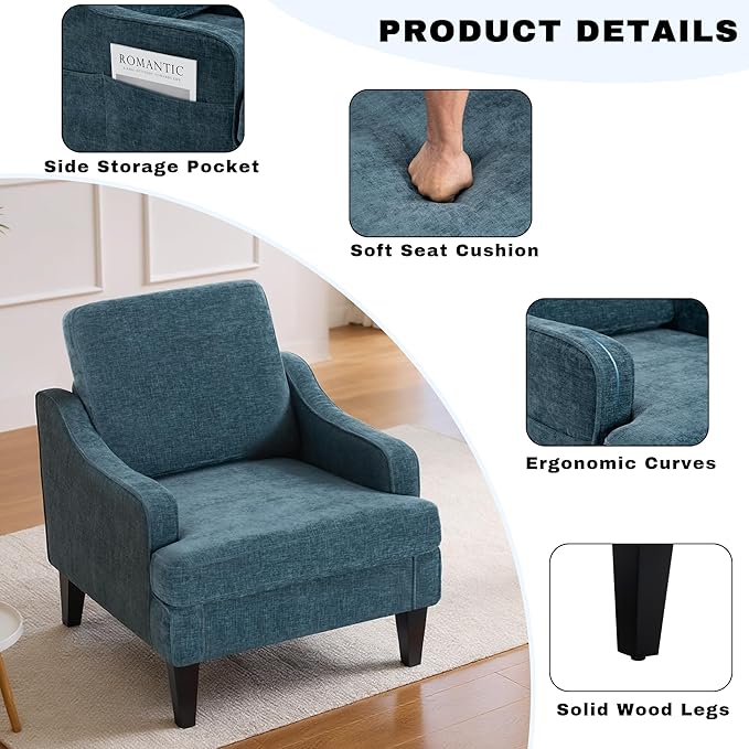 Accent Chair for Living RoomMid-Century Arm Chair Fabric Living Room ChairsUpholstered Reading Chair for BedroomSingle Sofa Chair with Wood Legs for Apartment (1 Chenille Blue)