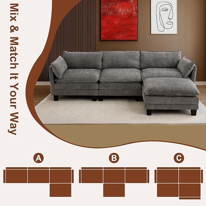 111” Modular Sectional Sofa L Shaped Cloud Couch with Ottoman Chenille Deep Seat Sofa with Pillow for Living Room Bedroom and Apartment4 Seats Light Grey