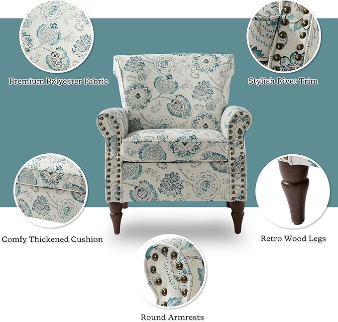HULALA HOME Modern Wingback Accent Chair with Wood Legs &amp Removable Cushion Comfy Upholstered Armchair with Nailhead Trim Floral Pattern Single Sofa Chair for Living Room Bedroom Medallion