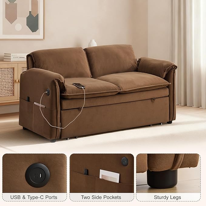 63 Velvet 3 in 1 Convertible Sleeper Sofa Bed Pull Out Couch Bed Loveseat with Adjustable Backrest Chaise Lounge USB Port &amp Side Pocket Modern Sofa for Living Room Small Spaces Brown