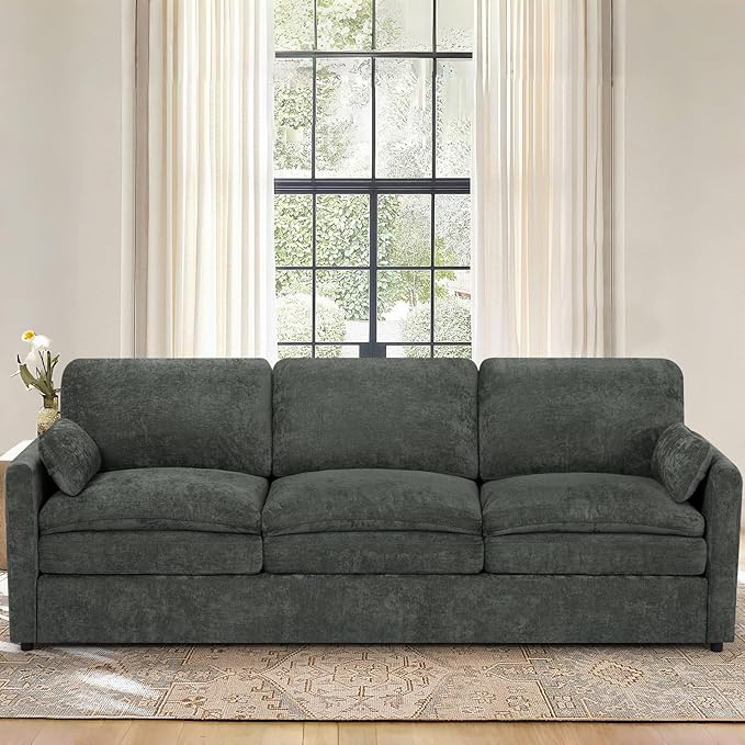 89” Chenille Sofa w/Arm Pillows Upholstered 3-Seater Sofa w/Comfortable Back Cushions Modern 3 Seats Couch w/High-Density Foam for Living Room Apartment Office Grey