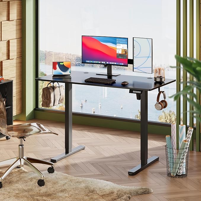 DEVAISE 48 x 24 Inches Electric Standing Desk Whole-Piece Desktop Standing Desk with Adjustable HeightCable Holes 3-Preset Memory Sit Stand up Desk One-Piece Computer Desk for Home Office (Black)