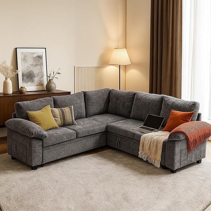 Modular Sectional Sofa with Pull Out Bed Sleeper Sofa L Shaped with Storage Sectional Couch for Living Room Convertible Sofa Bed with Removable Sofa Cover(5 Seats Grey)