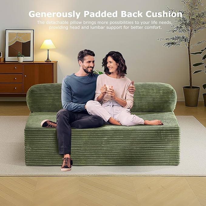 Folding Futon Sofa Bed Full Size 6 inch Convertible Floor Couch Bed with Removable Corduroy Cover Pull Out Couch for Small Spaces High-Density FoamGreen