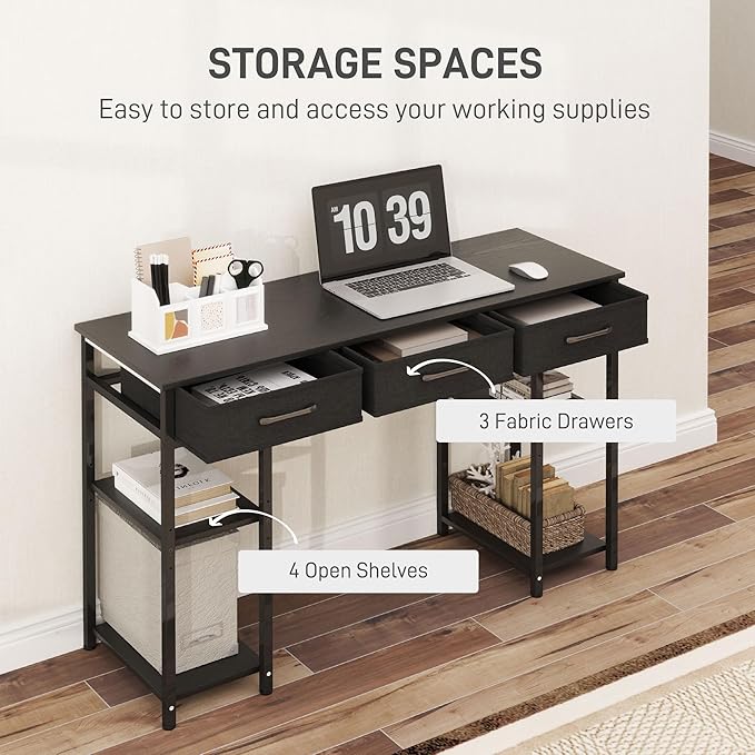 HOMCOM 47 Computer Desk with 3 Fabric Drawers Home Office Desk with Adjustable Shelves Small Writing Desk with Storage Black