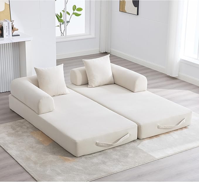 Convertible Sleeper Sofa Bed with Fixed-Shape Frame Modern Corduroy Folding Boneless Couch with 2 Pillows Comfy Floor Sofa Couch for Living Room No Assembly Required (Beige White)