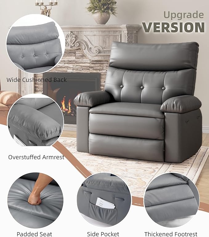 GarveeHome Oversized Wide Recliner Chair - Heat and Massage PU Leather Extra Wide Manual Recliner for Adults Large Lazy Chair with 1.5X Sponge Comfort Arm and Back for Living Room Bedroom