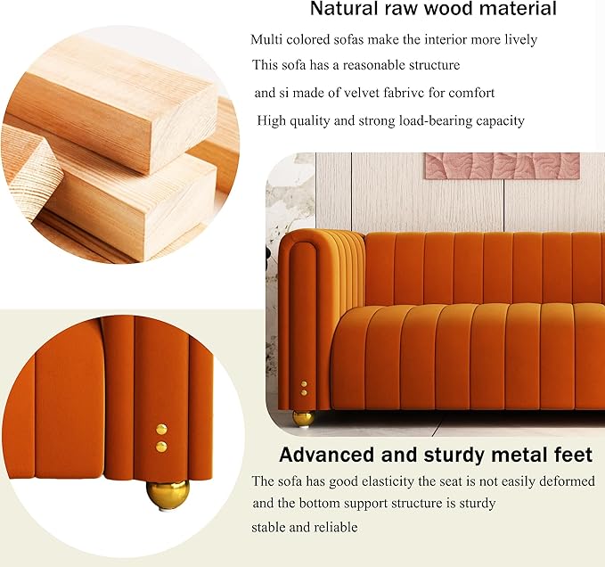 81 Velvet ﻿Orange Couch Mid Century Modern Couches Tufted Sofa 3 Seater Velvet Sofas Loveseat Upholstered Couches with Metal Legs Suitable for Luxury Couch in Living Room