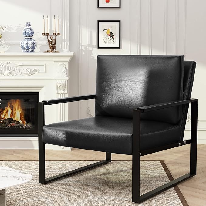 Recaceik Leather Accent Chairs Midcentury Modern Armchair with XL Ergonomic Cushion Sturdy Metal Frame Anti-Scratch Foot Mats Single Sofa Chair for Living Room Black 22.83D x 28.35W 33.46H in