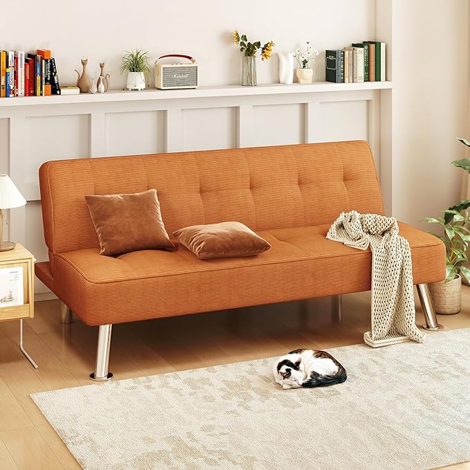 Furnimart Futon Sofa Bed 66 Corduroy Convertible Futon Couch with 3-Position Adjustable Backrest Solid Wood Frame Sleeper Sofa for Small Space Living Room Apartment Office Burnt Orange
