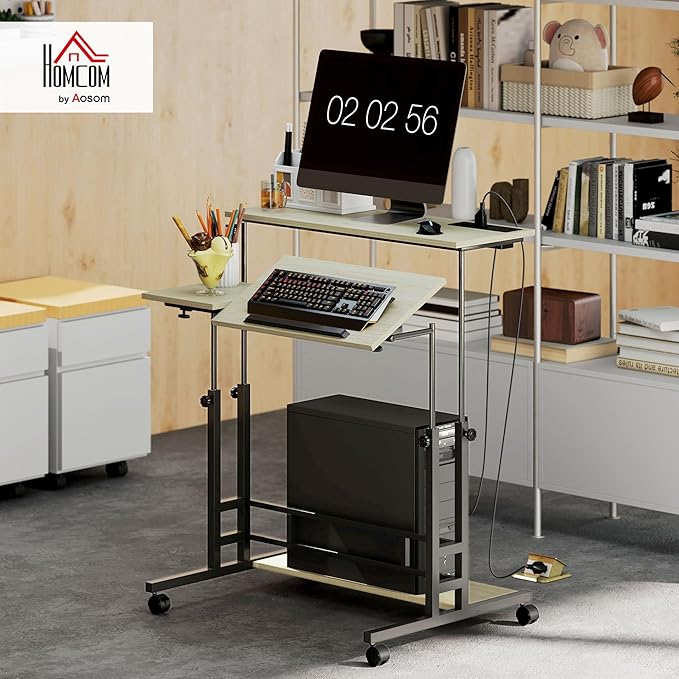 HOMCOM Height Adjustable Standing Desk with Power Outlets Stand Up Desk with Tiltable Tabletop Lockable Wheels Bottom Shelf Rolling Workstation for Home Office Oak