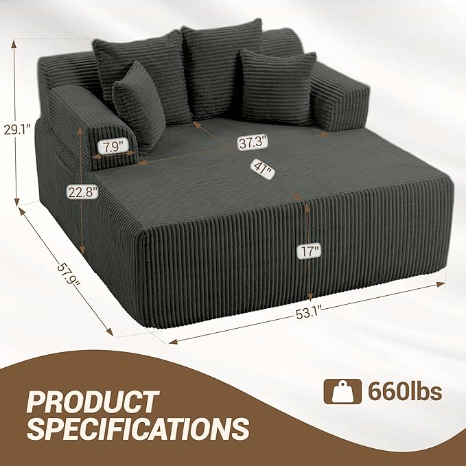 58 Inch Chaise Lounge Chair Indoor Corduroy Boneless Sofa Bed Deep Seat Sleeper Couch Reading Chairs Upholstered Comfy Cloud Sofas Couches for Living Room No Assembly Required Grey