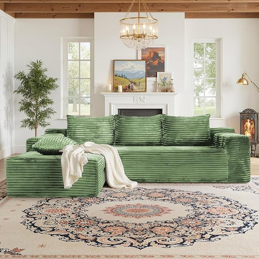 Modular Sectional Sofa Boneless Cloud Couch with Chaise Lounge 4-in-1 Flexible Combination Faux Rabbit Fur &amp Layered Cushion Deep Seat No Assembly (Green Left Facing Chaise)