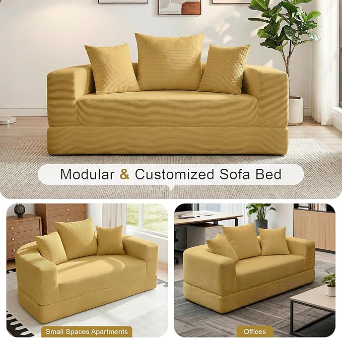 Casaphoria 67'' Sleeper Sofa for Small SpacesConvertible Foldable Couch Bed with ArmrestsSpace Saving Guest Bed for ApartmentsDormsLiving Room(Yellow)