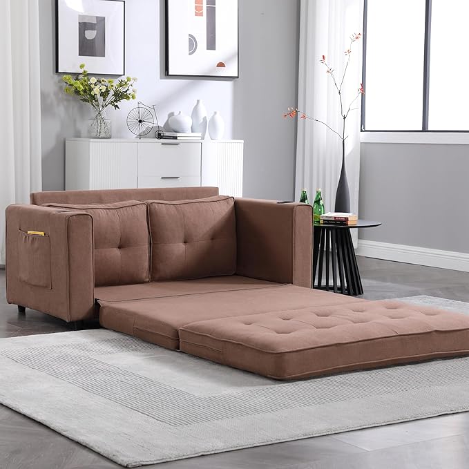 Futon Sofa Bed Convertible Folding Futon Breathable Small Couch Adjustable Pull Out Chaise Lounge for Compact Living Studio in Living Room and Bedroom Offices Loveseat (Brown)