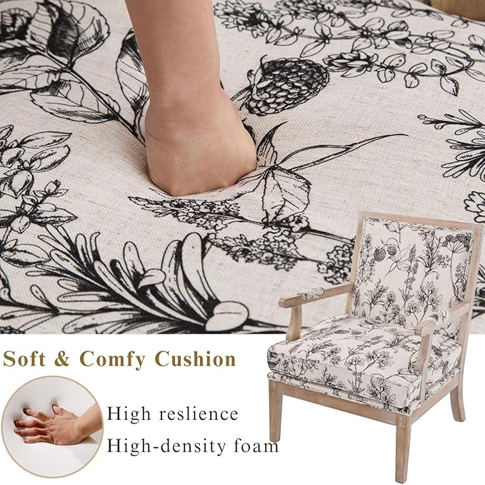 Modern Farmhouse Accent Chair Wide Linen Upholstered Living Room Chair with Armrest Pads Coastal French Country Wooden Armchair for Bedroom Guest Room Floral Pattern