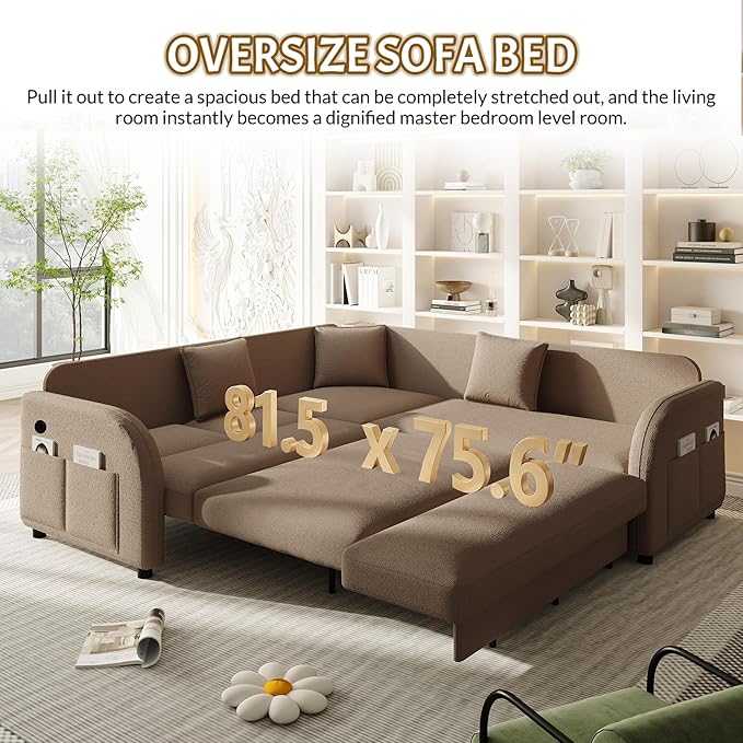 GNIXUU 85.1 L Shaped Couch with Pull Out Bed Convertible Sectional Sleeper Sofa with USB Port &amp Side Pockets 5 Seat Oversized Modular Teddy Cloud Couches for Living Room Apartment Brown